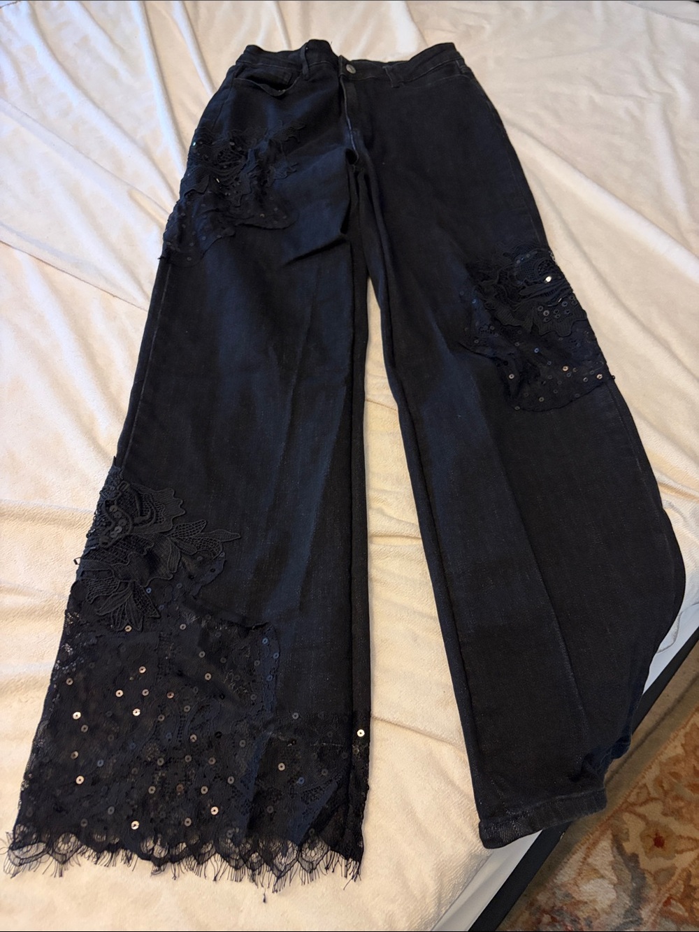 Black Wide-Leg Embroidered & Sequin Detail Pants